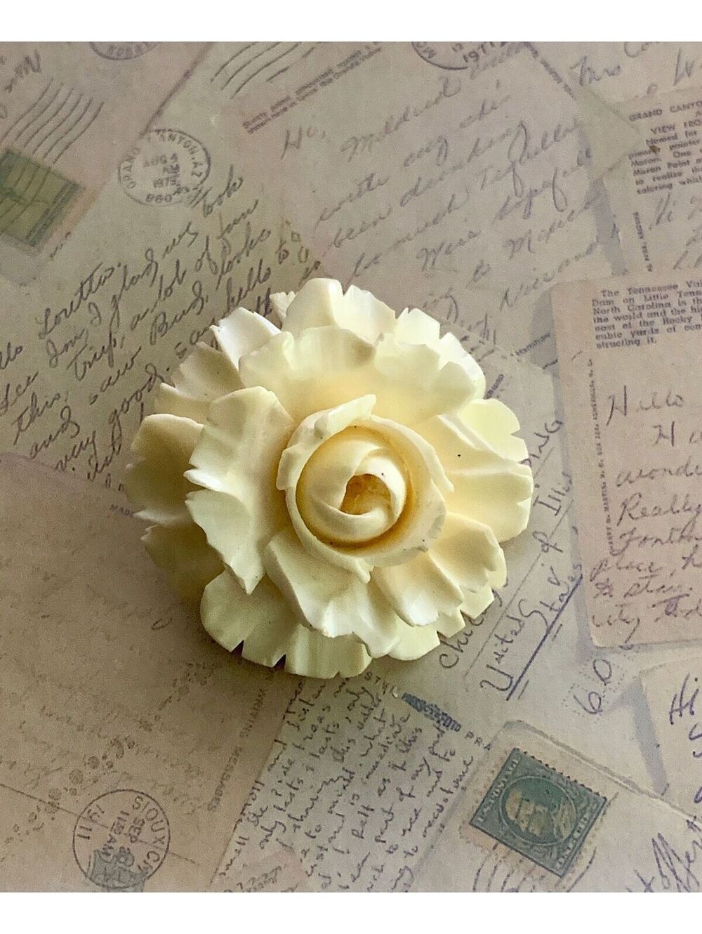 Vintage Carved Cream Lucite Dimensional Rose Brooch Pin
